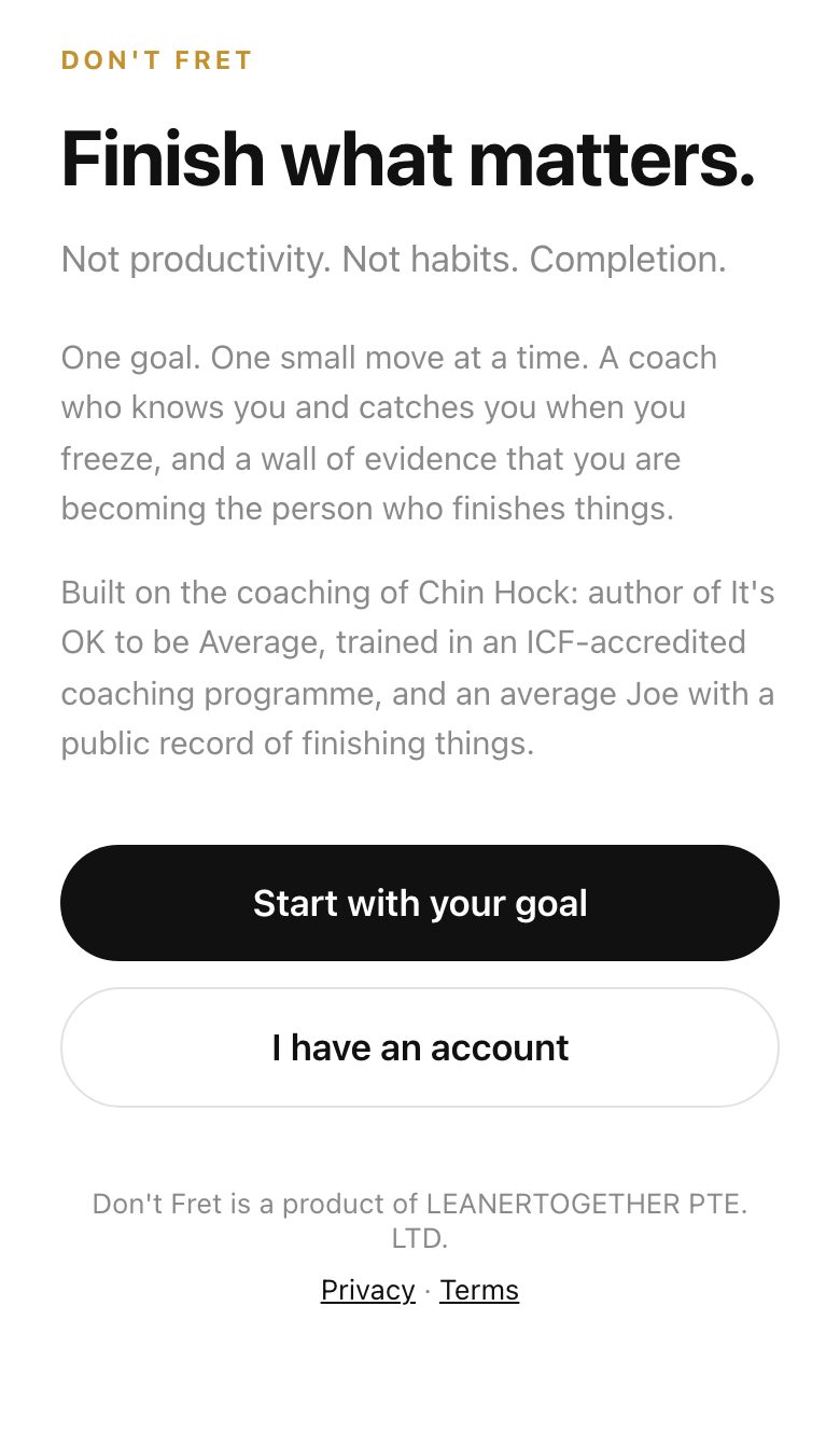 The Don't Fret app on a phone, showing its opening screen