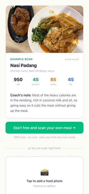 LeanerTogether food scan showing nasi padang with its calories and macros