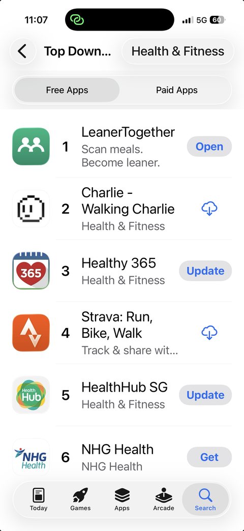 The Singapore App Store top free chart for Health and Fitness, with LeanerTogether at number one, above Charlie, Healthy 365, Strava and HealthHub SG