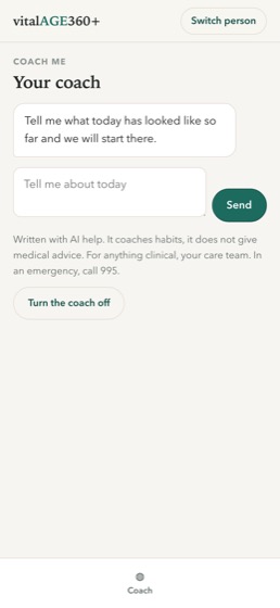 The vitalAGE360+ coach screen, with its safety notice