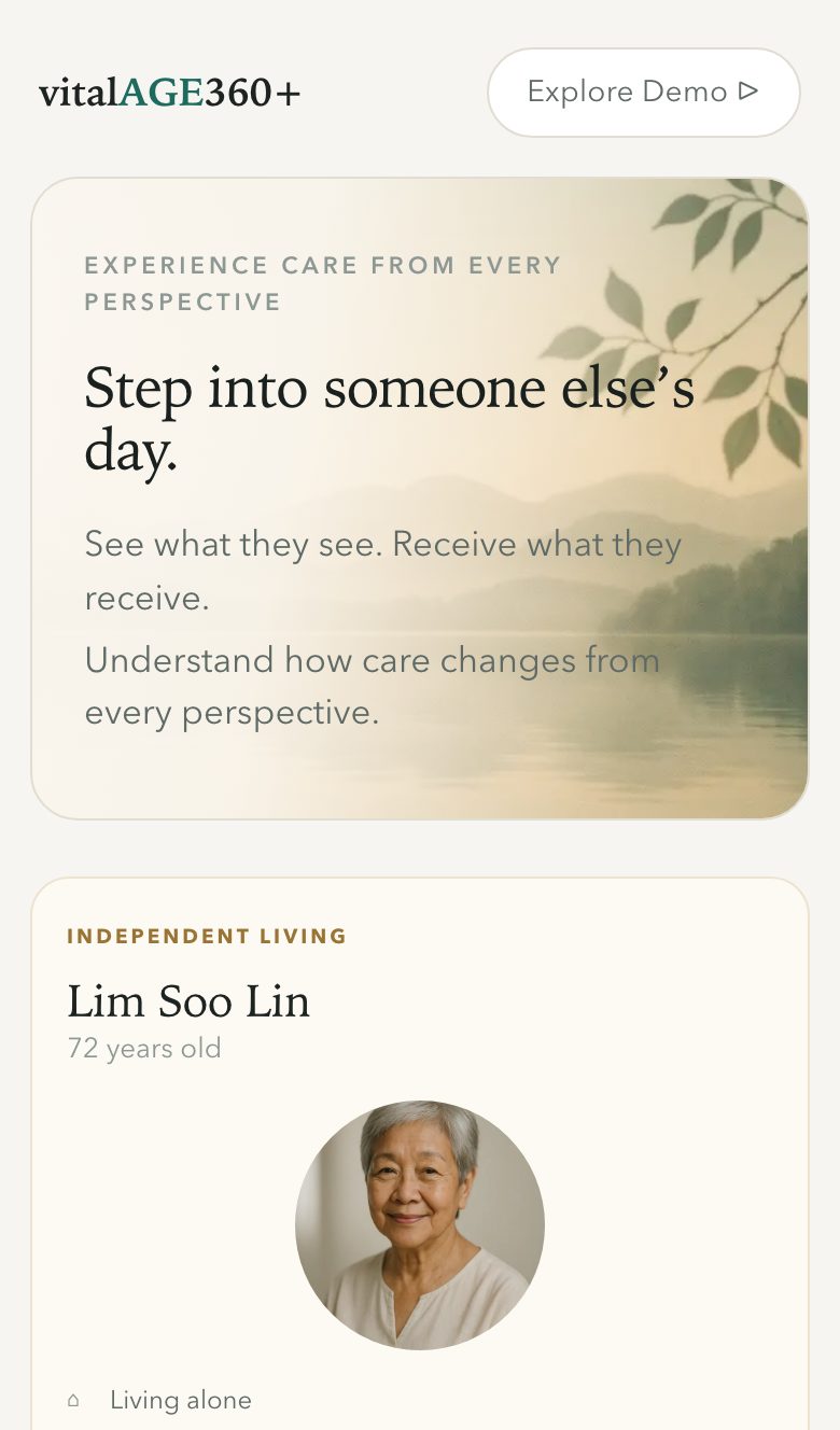 The vitalAGE360+ app on a phone, choosing whose day to step into
