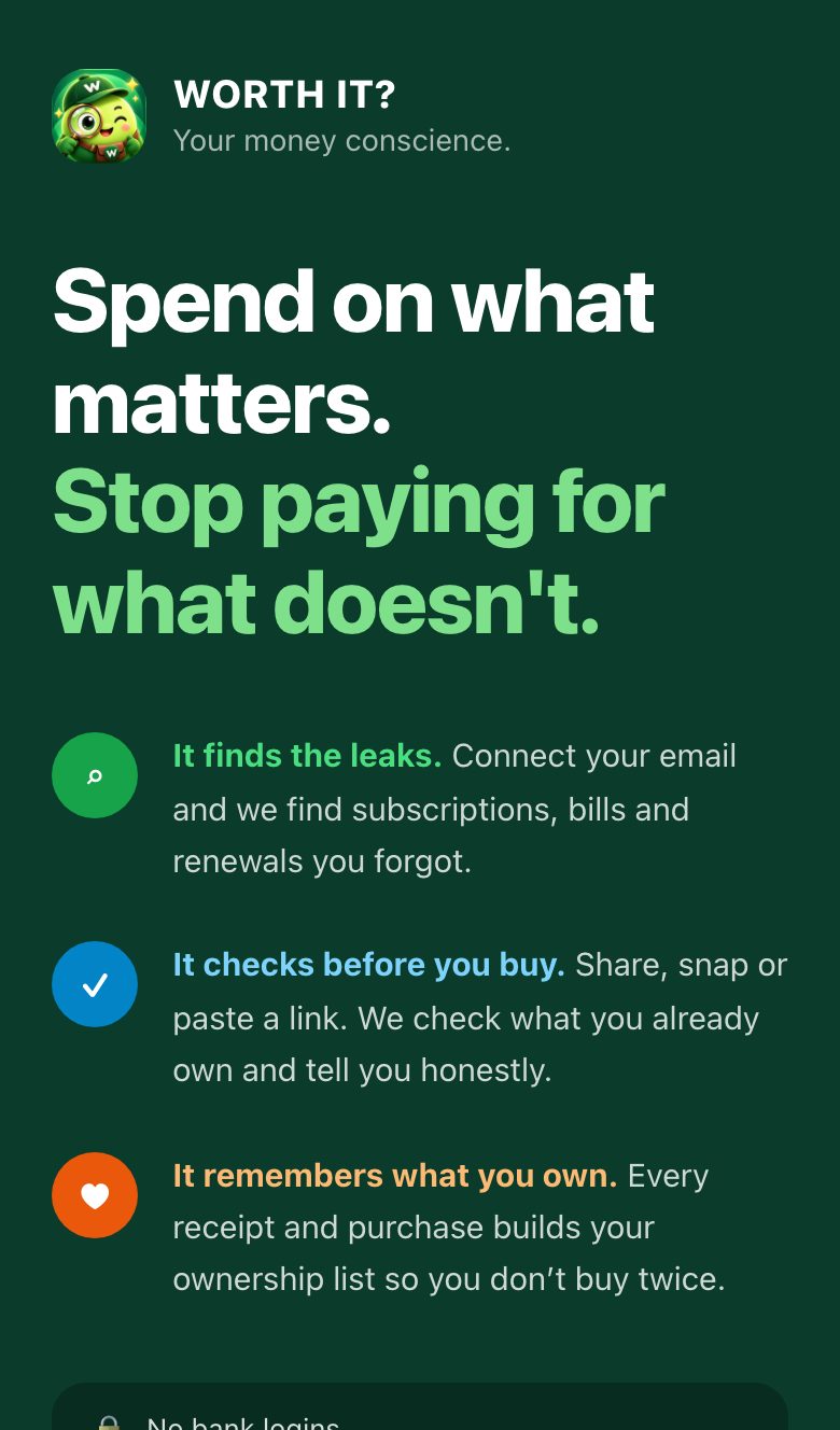 The Worth It? app on a phone, showing what it does